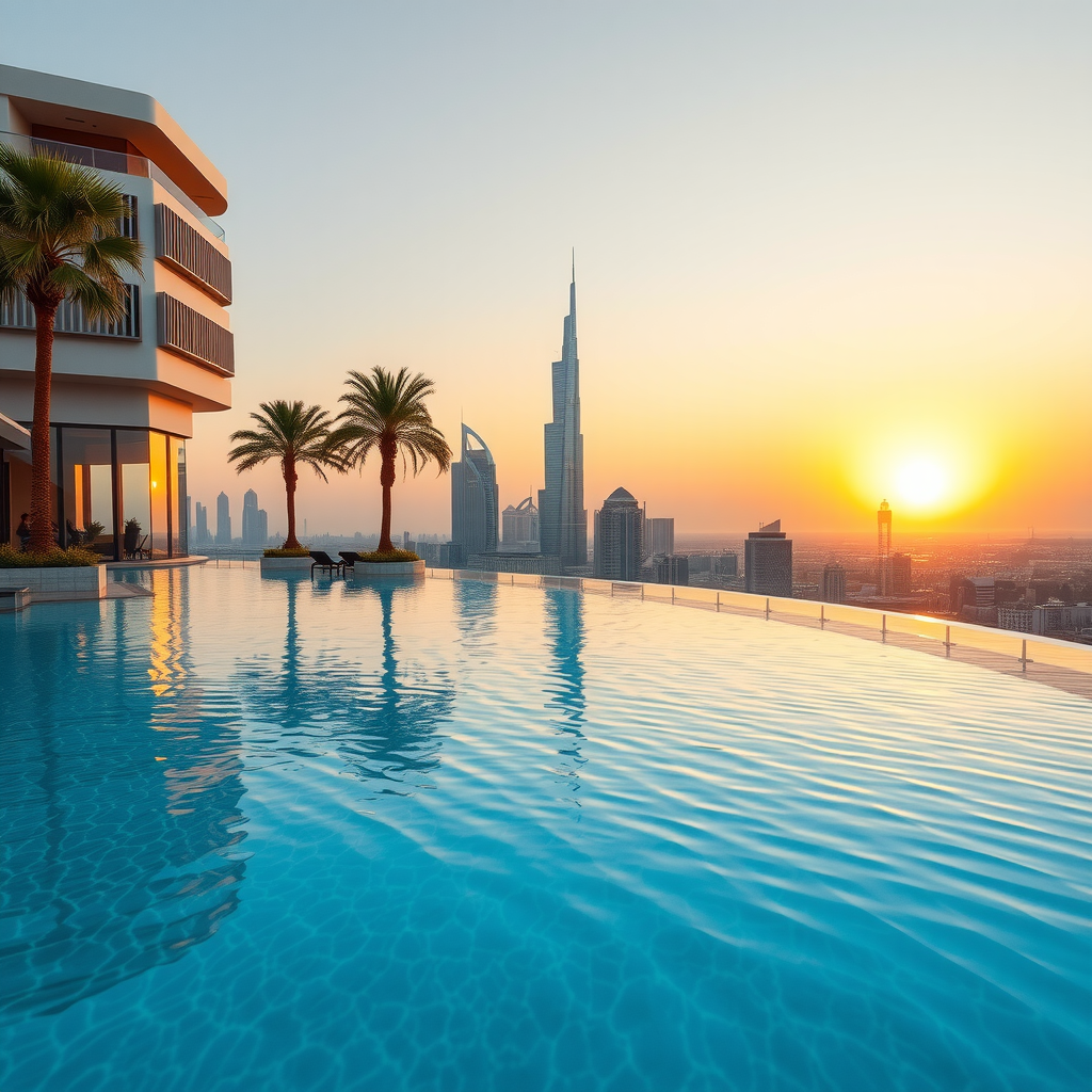 Stunning infinity pool overlooking Dubai skyline at sunset with crystal-clear turquoise water reflecting golden hour light, modern luxury architecture, palm trees, and panoramic city views