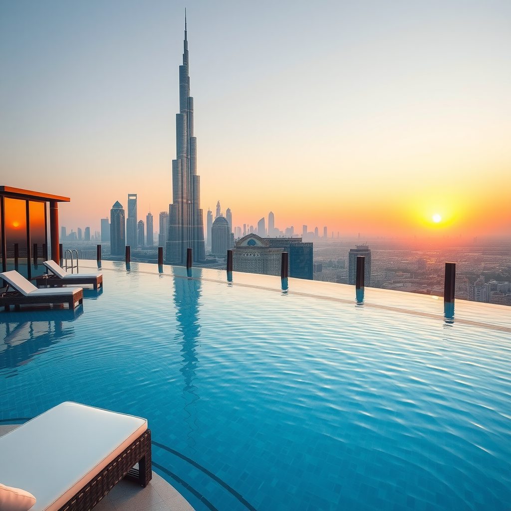 Stunning infinity pool overlooking Dubai skyline at sunset with crystal-clear turquoise water, modern luxury loungers, and panoramic city views featuring Burj Khalifa and downtown Dubai skyscrapers