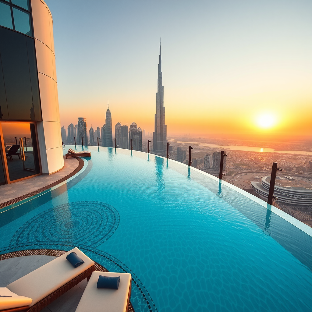 Breathtaking aerial view of Sky Pool by Aura infinity pool at sunset, showcasing crystal-clear turquoise water reflecting the golden Dubai skyline with Burj Khalifa visible in the background, luxury loungers on deck, and panoramic 360-degree city views