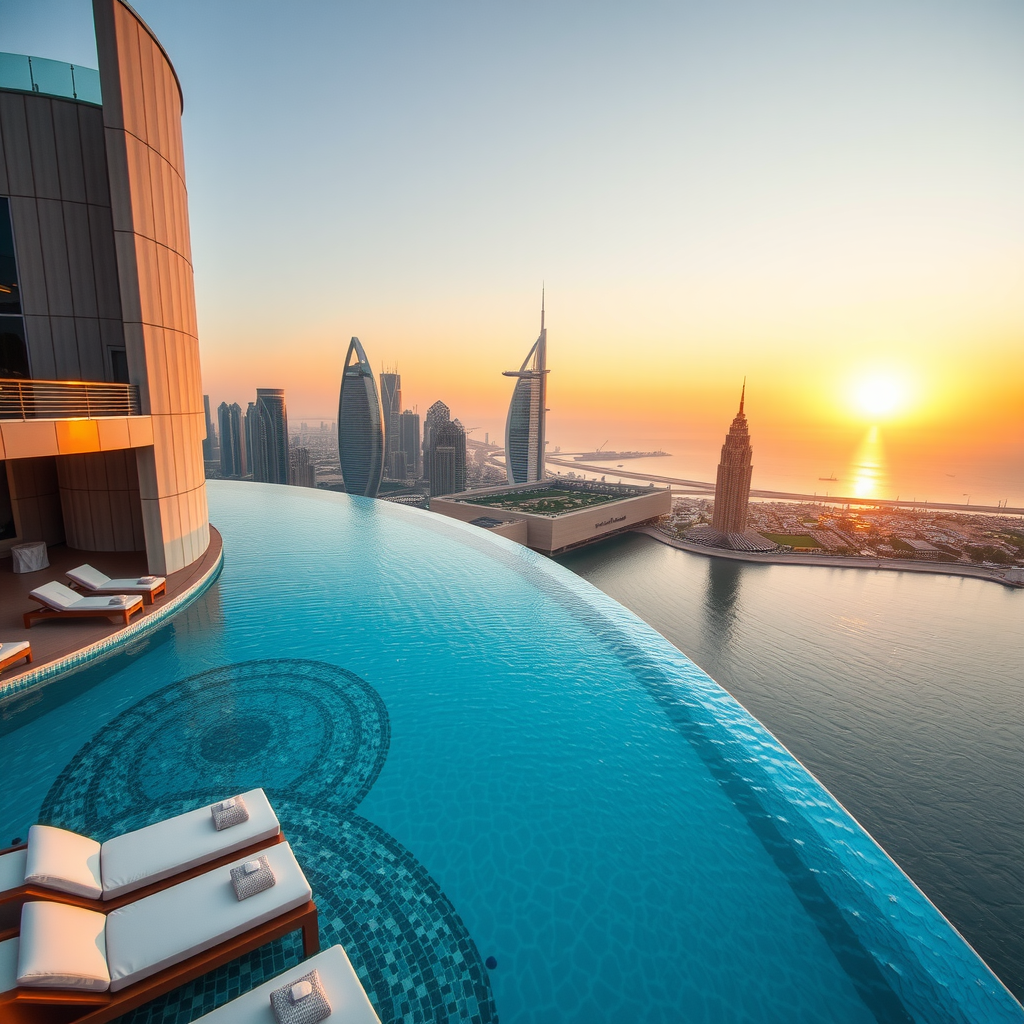 Breathtaking aerial view of Sky Pool by Aura infinity pool at sunset with panoramic Dubai skyline, featuring crystal-clear turquoise water, elegant loungers, and warm golden hour lighting reflecting off the water surface