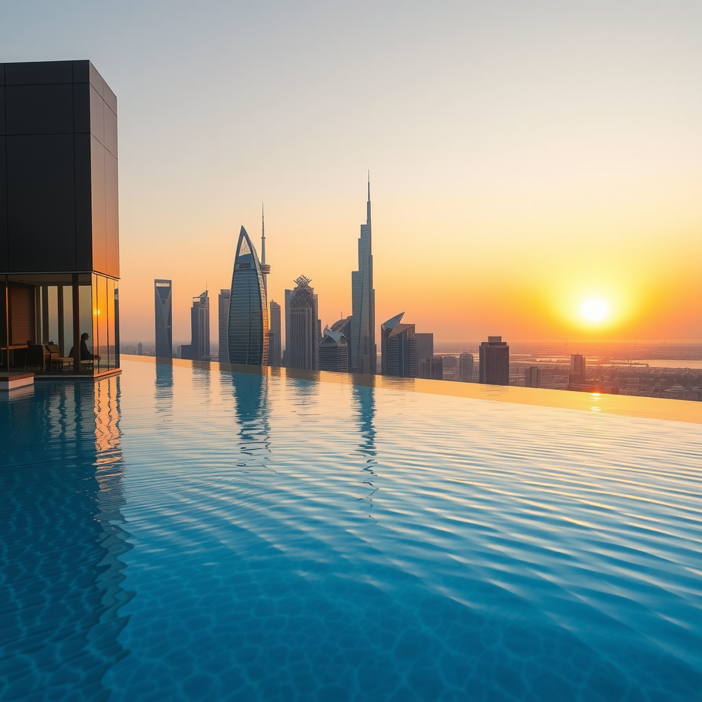 Breathtaking sunset view of Sky Pool by Aura infinity pool overlooking Dubai skyline with golden hour lighting reflecting off crystal-clear water