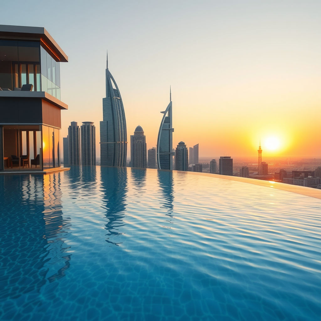 Luxurious infinity pool overlooking Dubai skyline at sunset with crystal clear water reflecting golden hour light and modern architecture