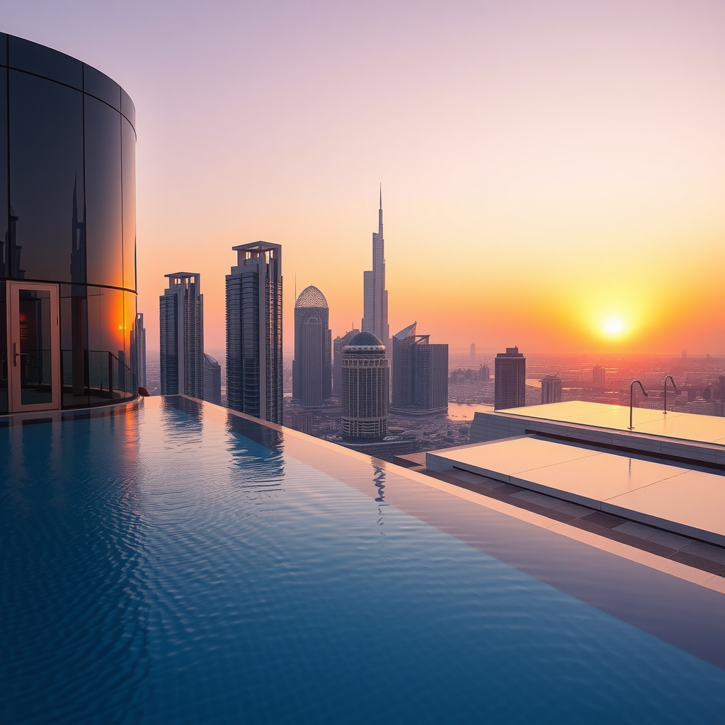 Breathtaking sunset view from Sky Pool by Aura infinity pool overlooking Dubai skyline with golden hour lighting reflecting off glass buildings and the pool water creating magical amber and purple hues across the sky