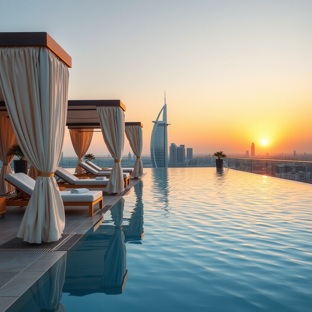 Luxurious infinity pool cabanas with premium amenities overlooking Dubai's iconic skyline at sunset, featuring elegant lounge chairs, golden accents, and personalized service setup