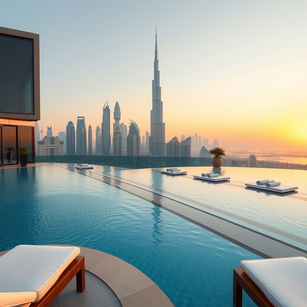 Panoramic view from infinity pool edge showing Dubai's iconic skyline including Burj Khalifa, modern skyscrapers, and Arabian Gulf waters at golden hour with luxury pool deck furniture