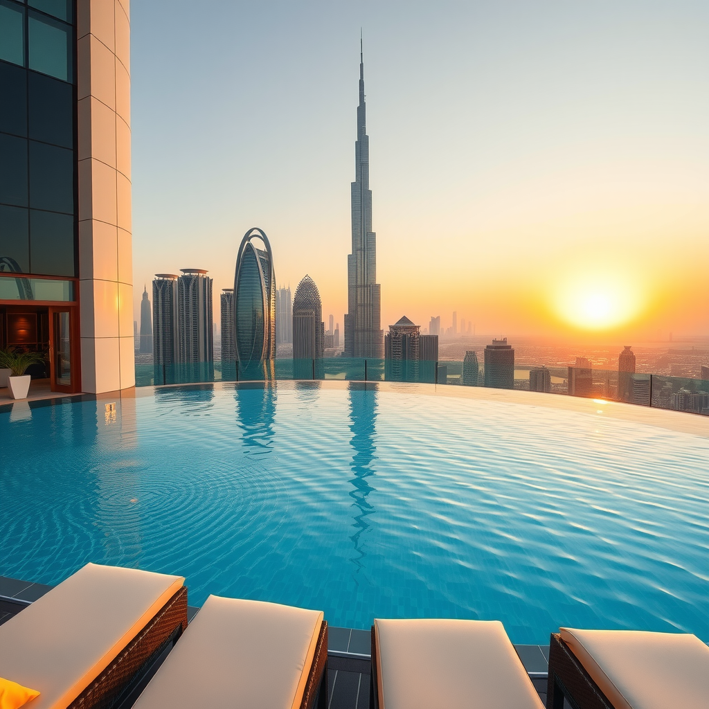 Stunning panoramic view of Sky Pool by Aura infinity pool with crystal-clear turquoise water reflecting the golden sunset over Dubai's iconic skyline, featuring Burj Khalifa and modern skyscrapers in the background, luxury poolside loungers with champagne gold accents
