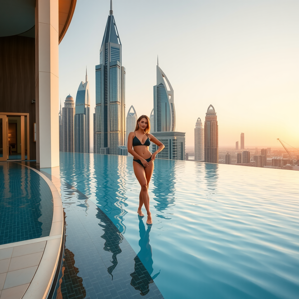 Instagram-perfect view from Sky Pool by Aura showing a model in elegant swimwear posing at the infinity edge with Dubai Marina skyscrapers in background, golden hour lighting creating perfect reflections in crystal-clear water, professional photography angle