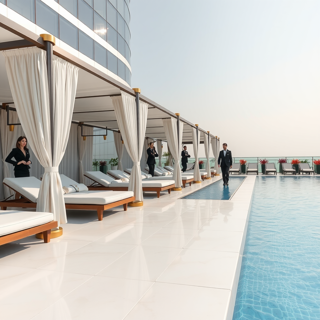 Elegant pool deck at Sky Pool by Aura featuring premium white loungers with plush cushions, private cabanas with flowing curtains, attentive service staff in professional uniforms, and sophisticated gold accent details throughout the space