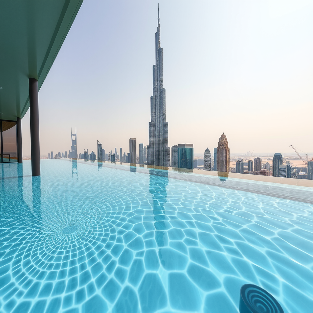 Wide-angle view from Sky Pool infinity edge showcasing Dubai's Burj Khalifa and downtown skyline with crystal-clear water creating mirror reflections