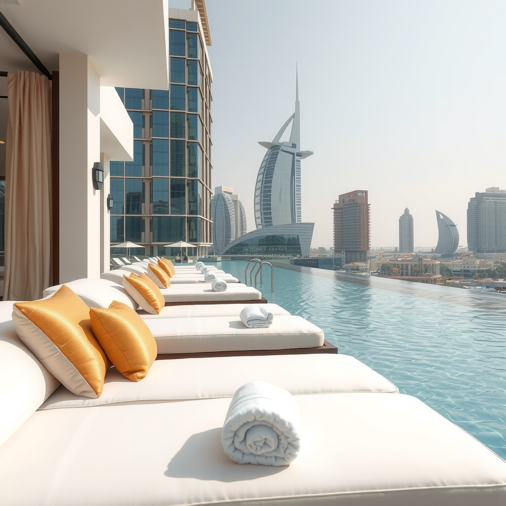 Elegant poolside lounge area with comfortable white cushioned daybeds and gold accent pillows overlooking Dubai Marina with pristine towels neatly arranged