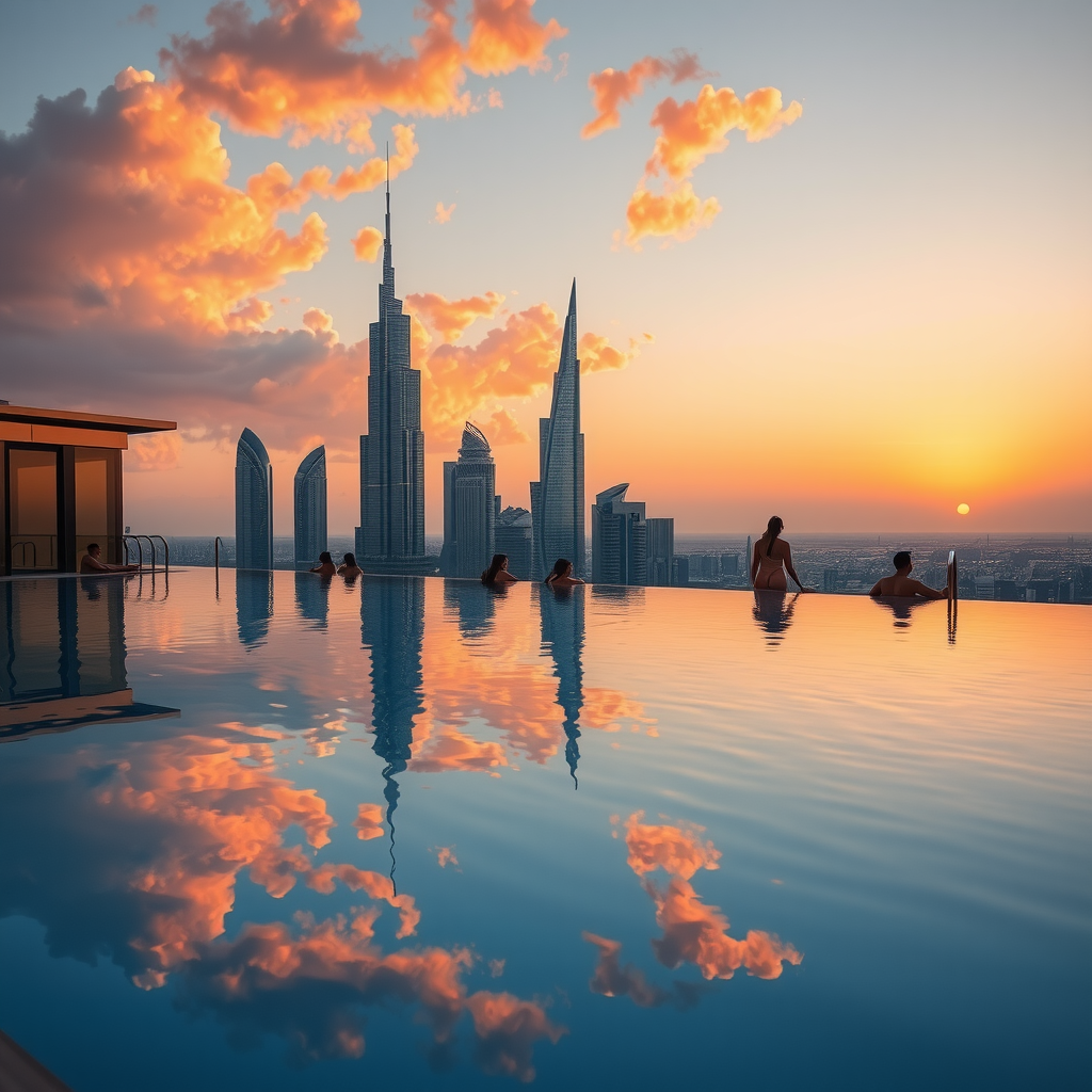 Sky Pool by Aura infinity pool during golden hour with the water surface perfectly reflecting orange and pink sunset clouds, silhouettes of guests relaxing in the pool, and Dubai's illuminated skyscrapers in the background creating a mirror effect