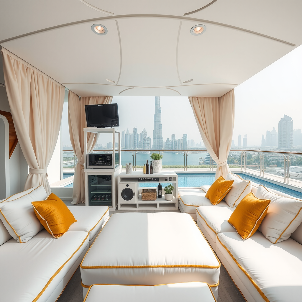 Interior view of a luxurious VIP cabana at Sky Pool featuring plush white seating, golden accent pillows, premium sound system, mini-bar setup, and floor-to-ceiling windows showcasing Dubai skyline