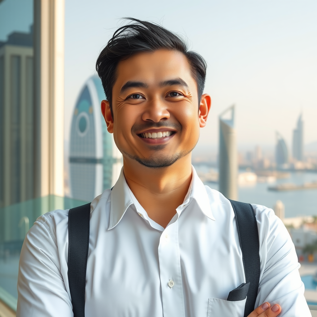 Professional portrait of SkyPool By Aura founder in elegant business attire against Dubai skyline background, confident smile, luxury hospitality executive