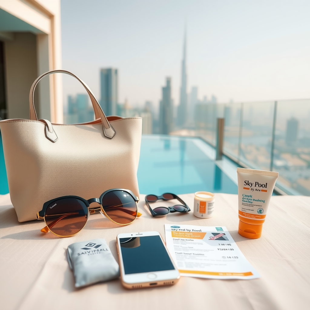 Organized flat lay of pool essentials for Sky Pool by Aura visit including designer sunglasses, sunscreen, elegant beach bag, smartphone, and booking confirmation with blurred infinity pool and Dubai skyline in background, professional lifestyle photography