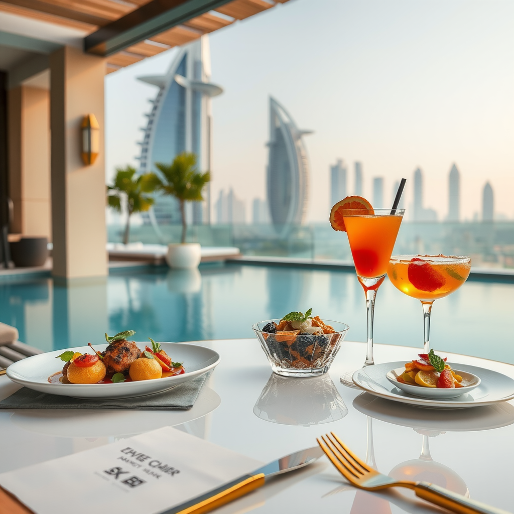 Sophisticated poolside dining experience featuring artfully presented gourmet dishes, colorful fresh cocktails in elegant glassware, premium table setting with gold accents, and stunning Dubai skyline views in the background