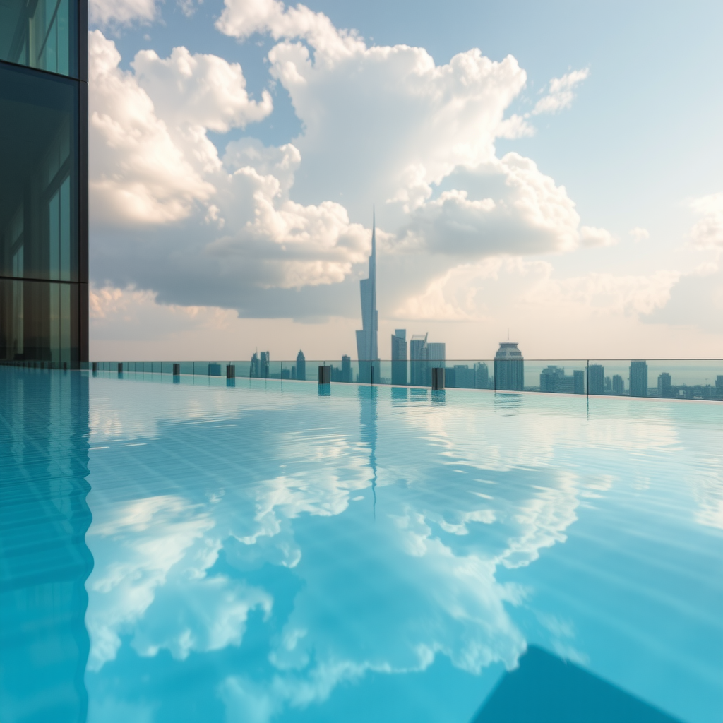Close-up detail of Sky Pool's crystal-clear water creating perfect mirror reflections of Dubai skyline and dramatic clouds above