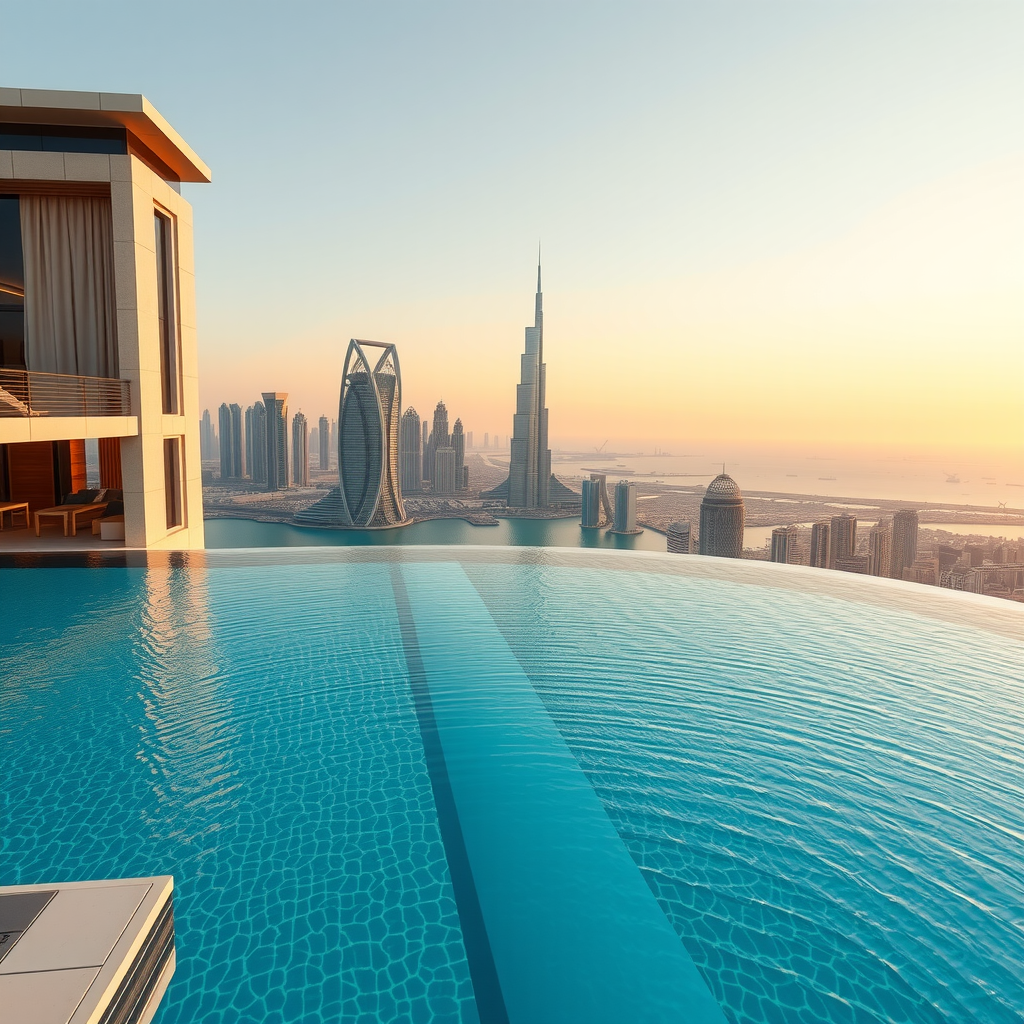 Overhead view of infinity pool edge with turquoise water meeting Dubai skyline horizon with floating luxury amenities and golden hour lighting
