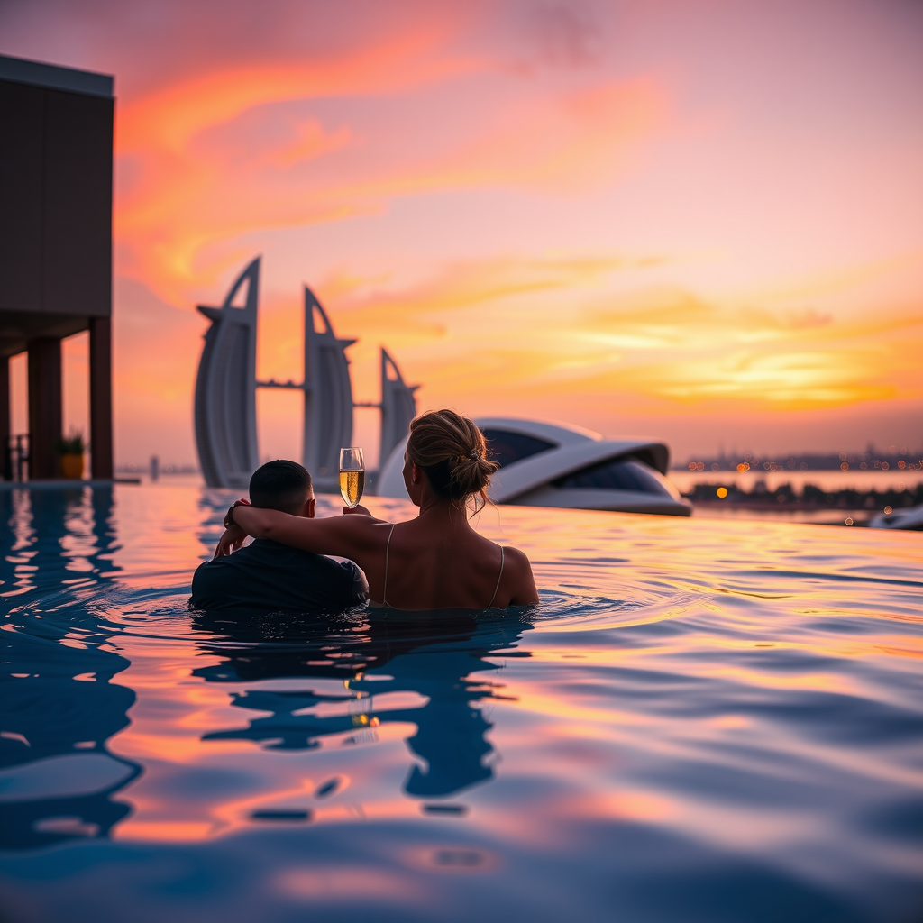 Romantic couple enjoying sunset at Sky Pool by Aura infinity pool, silhouetted against vibrant orange and purple sky, holding champagne glasses while relaxing in the water with Dubai Marina towers glowing in the background