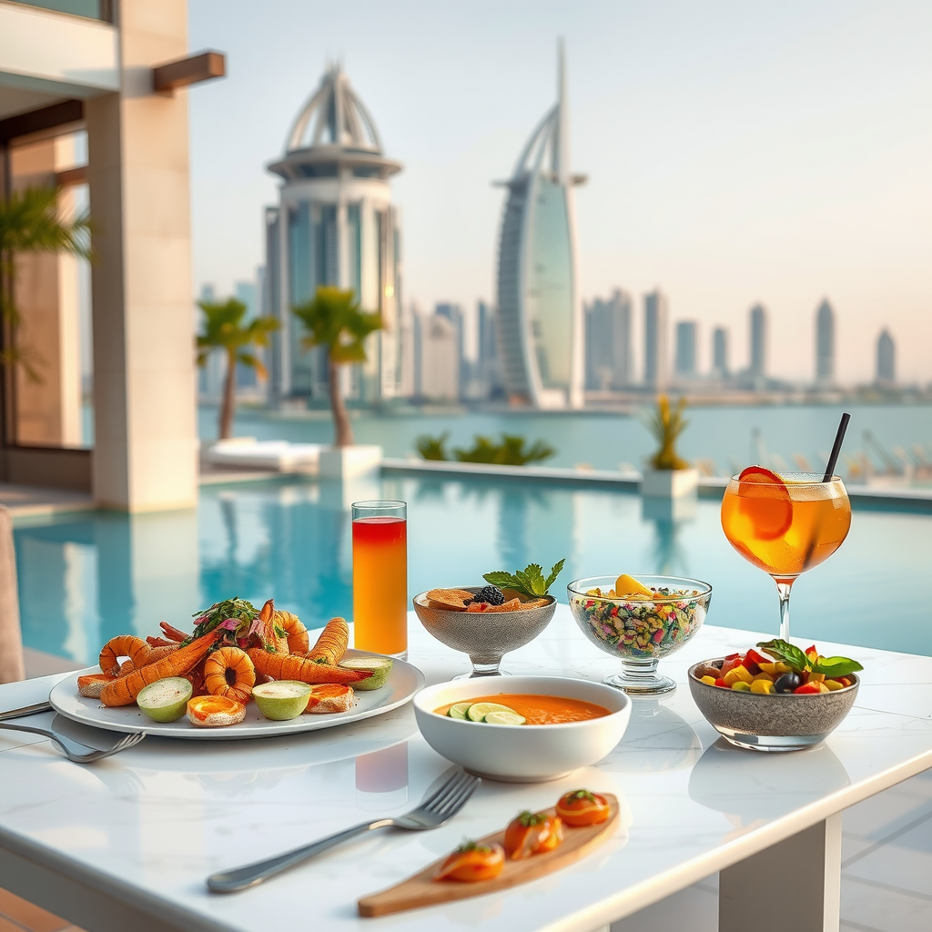Elegant poolside dining setup featuring gourmet dishes including fresh seafood platter, artisan flatbreads, colorful wellness bowls, and signature cocktails with Dubai skyline in background