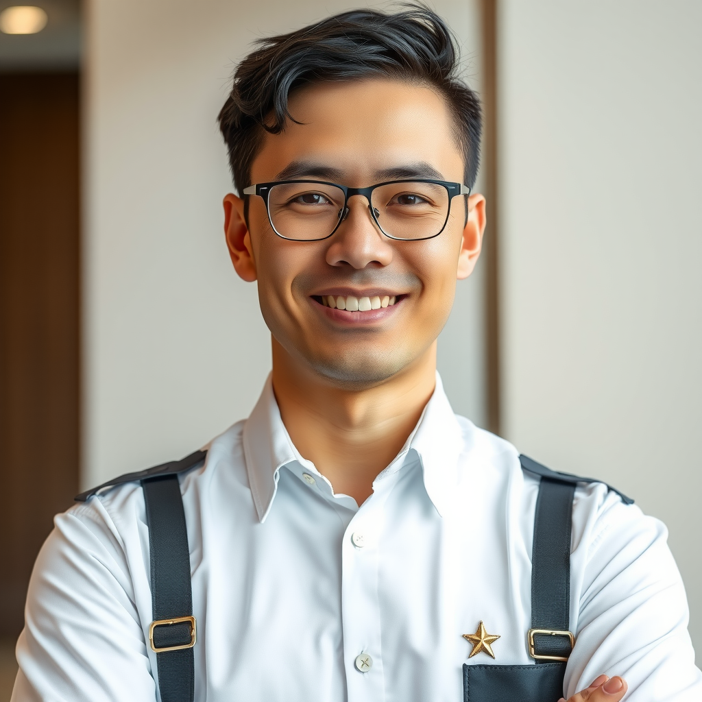 Professional portrait of operations director in hospitality uniform, warm welcoming expression, luxury hotel management professional