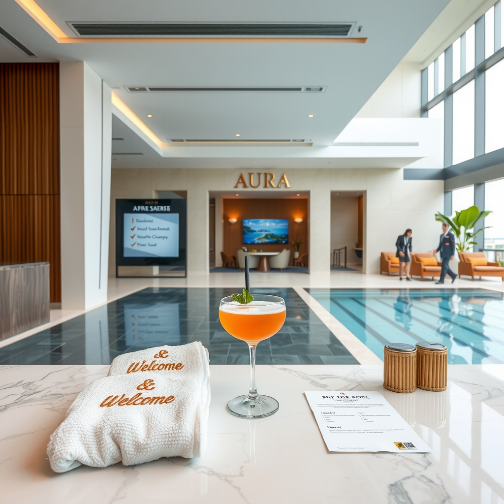 Welcoming view of Sky Pool by Aura entrance with elegant reception area, luxury towels with champagne gold embroidery, welcome cocktail on marble counter, first-time visitor checklist displayed on sleek digital screen, professional staff in sophisticated uniforms, premium amenities arranged aesthetically