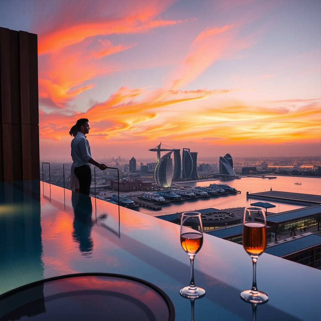 Romantic sunset scene at Sky Pool by Aura with couple silhouette at infinity edge, sky painted in vibrant oranges and purples, Dubai city lights beginning to illuminate below, champagne glasses on poolside table, magical twilight atmosphere
