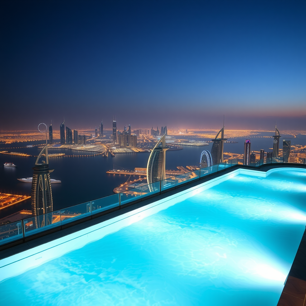 Enchanting nighttime view of Sky Pool by Aura with beautifully illuminated infinity pool glowing in turquoise blue, Dubai city lights twinkling in the background, romantic ambient lighting, and sophisticated architectural lighting design creating a magical atmosphere