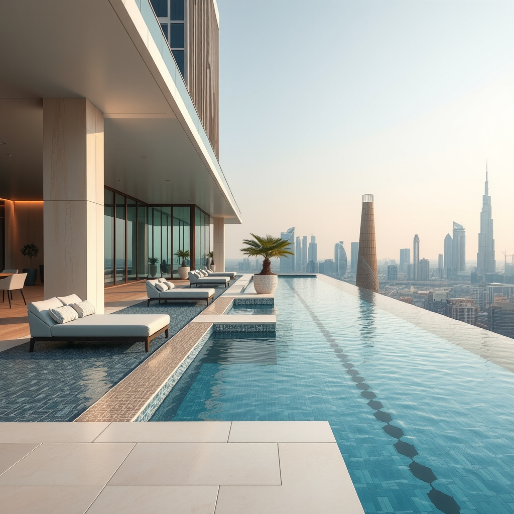 Architectural detail showcasing Sky Pool's modern infinity edge design with sleek lines and luxury furnishings against Dubai skyline backdrop