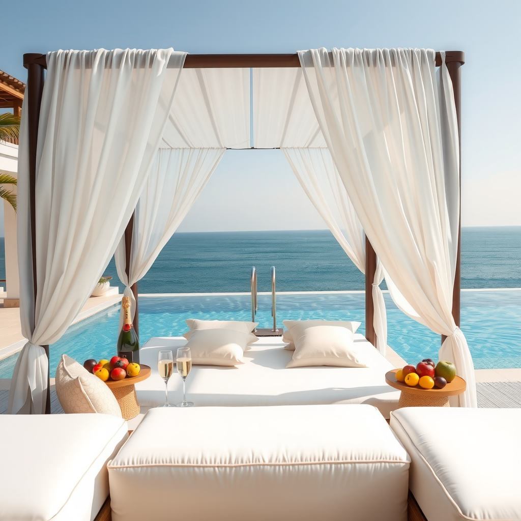 Luxurious private cabana with flowing white curtains and plush seating overlooking infinity pool with champagne service and fresh fruit platters