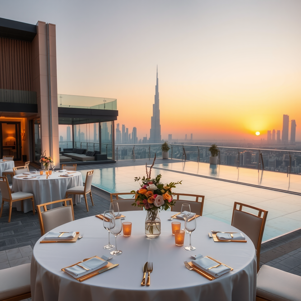 Elegant private event setup at Sky Pool during sunset, featuring decorated tables with golden accents, ambient lighting, floral arrangements, and Dubai skyline creating a romantic atmosphere