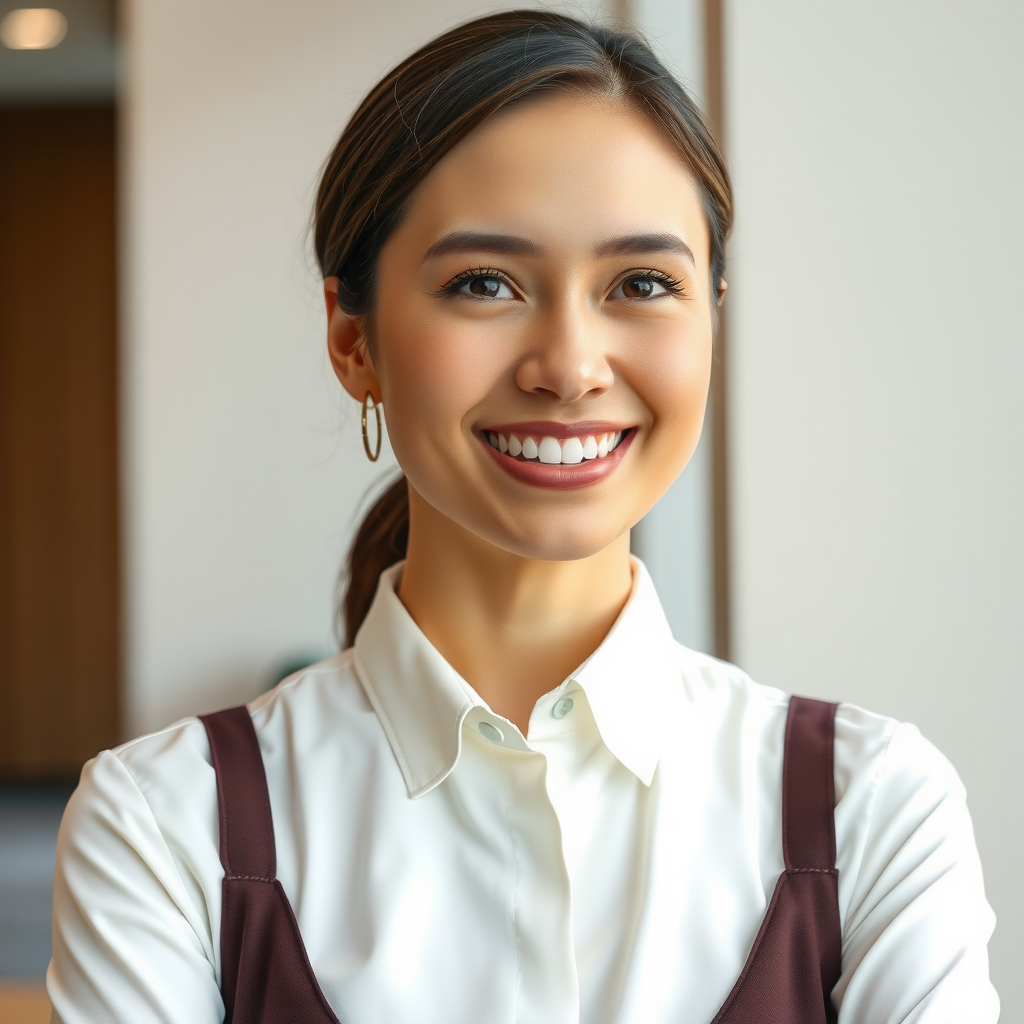 Professional portrait of guest experience manager with friendly smile, elegant hospitality attire, luxury service professional