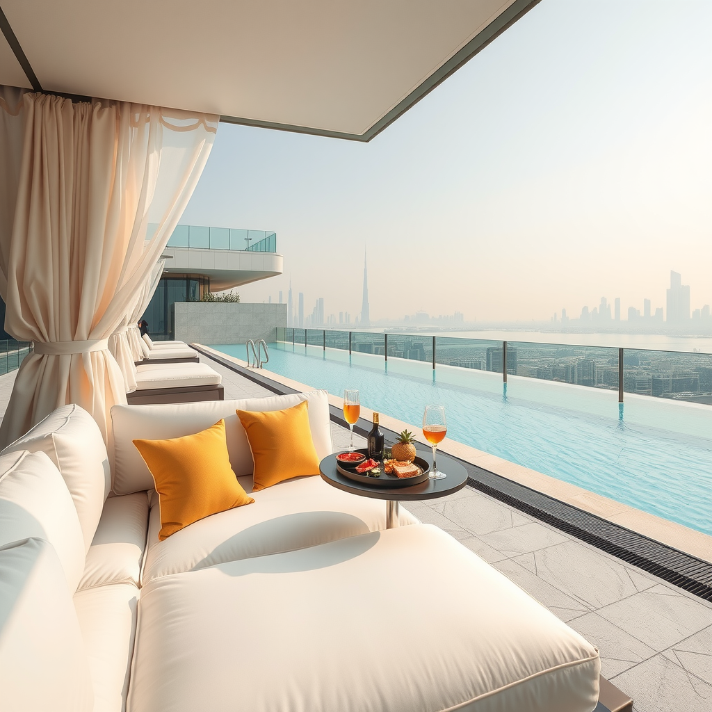 Elegant private cabana at Sky Pool by Aura with plush white cushions, gold accent pillows, gourmet food platter and cocktails on side table, attentive concierge service, infinity pool and Dubai skyline visible through sheer curtains, ultra-luxury atmosphere