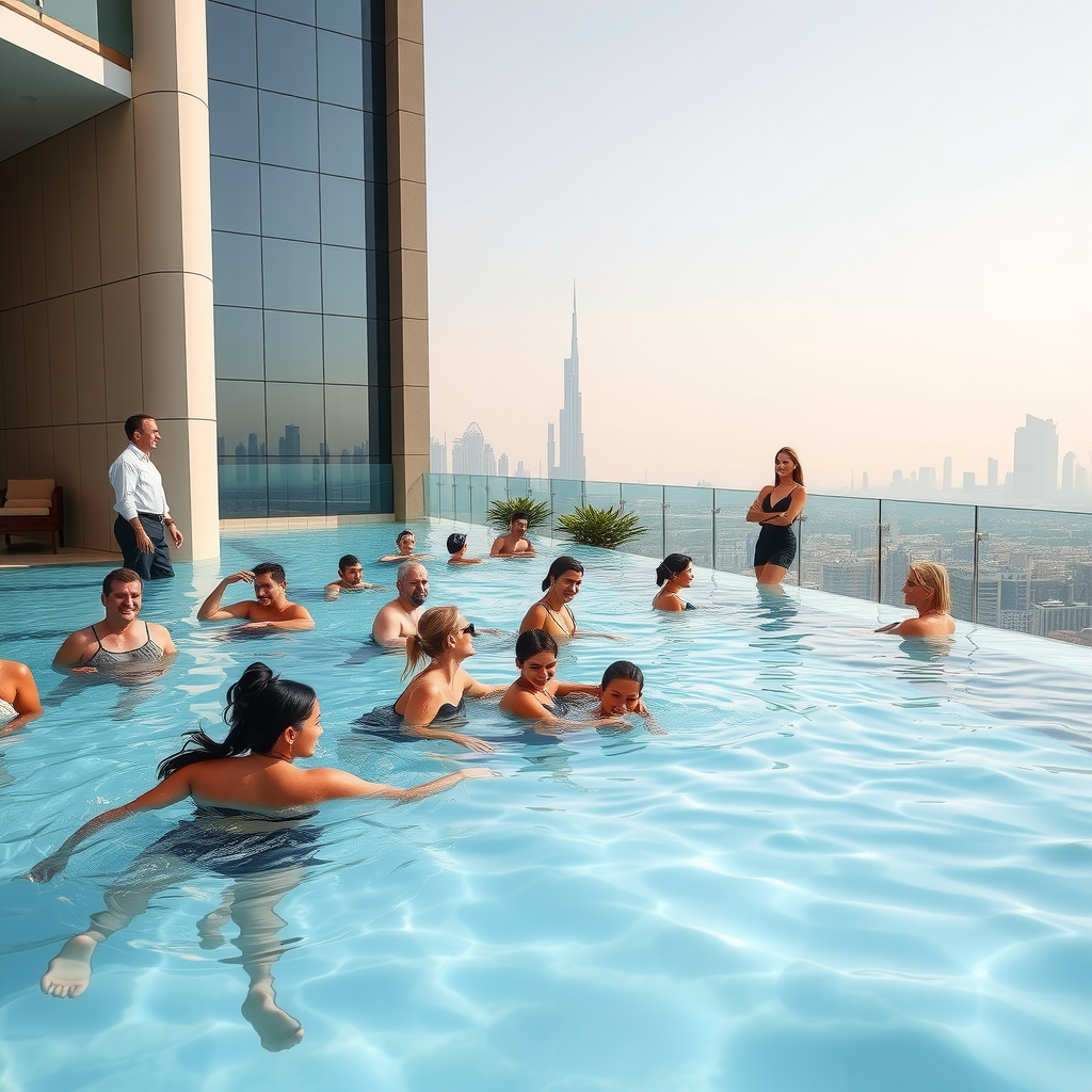 Happy diverse group of guests enjoying the infinity pool at Sky Pool by Aura, some swimming, others relaxing on loungers, professional staff providing attentive service, stunning Dubai skyline visible in background, capturing the luxurious and welcoming atmosphere