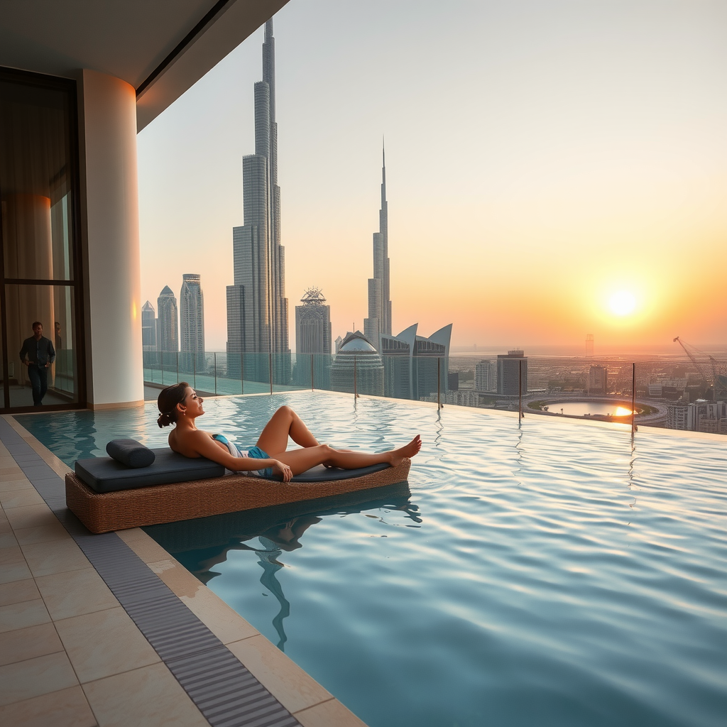 Lifestyle photograph capturing the serene experience of relaxing in Sky Pool with stunning Dubai skyline views during golden hour