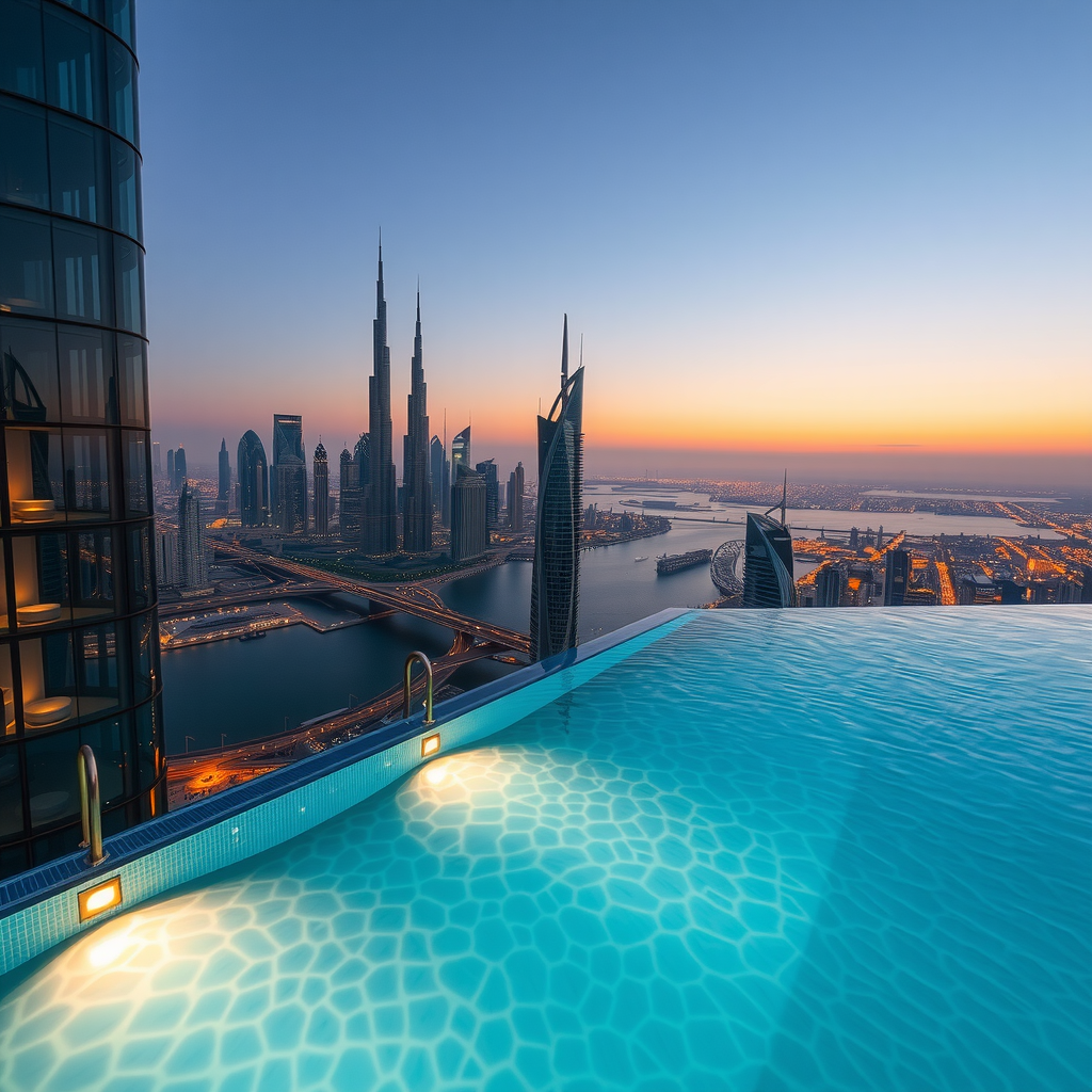 Stunning aerial view of Sky Pool infinity edge at dusk with Dubai skyline illuminated in background and pool lights creating ambient glow
