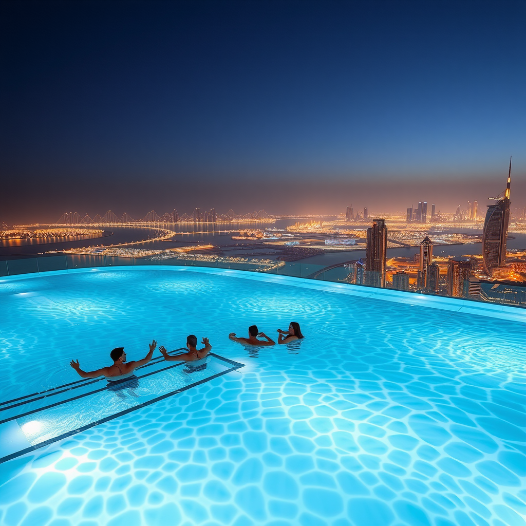 Sky Pool by Aura infinity pool at night with elegant underwater lighting creating a luminous blue glow, guests relaxing in the illuminated water, and Dubai's fully lit skyline creating a spectacular backdrop of golden lights against the dark sky