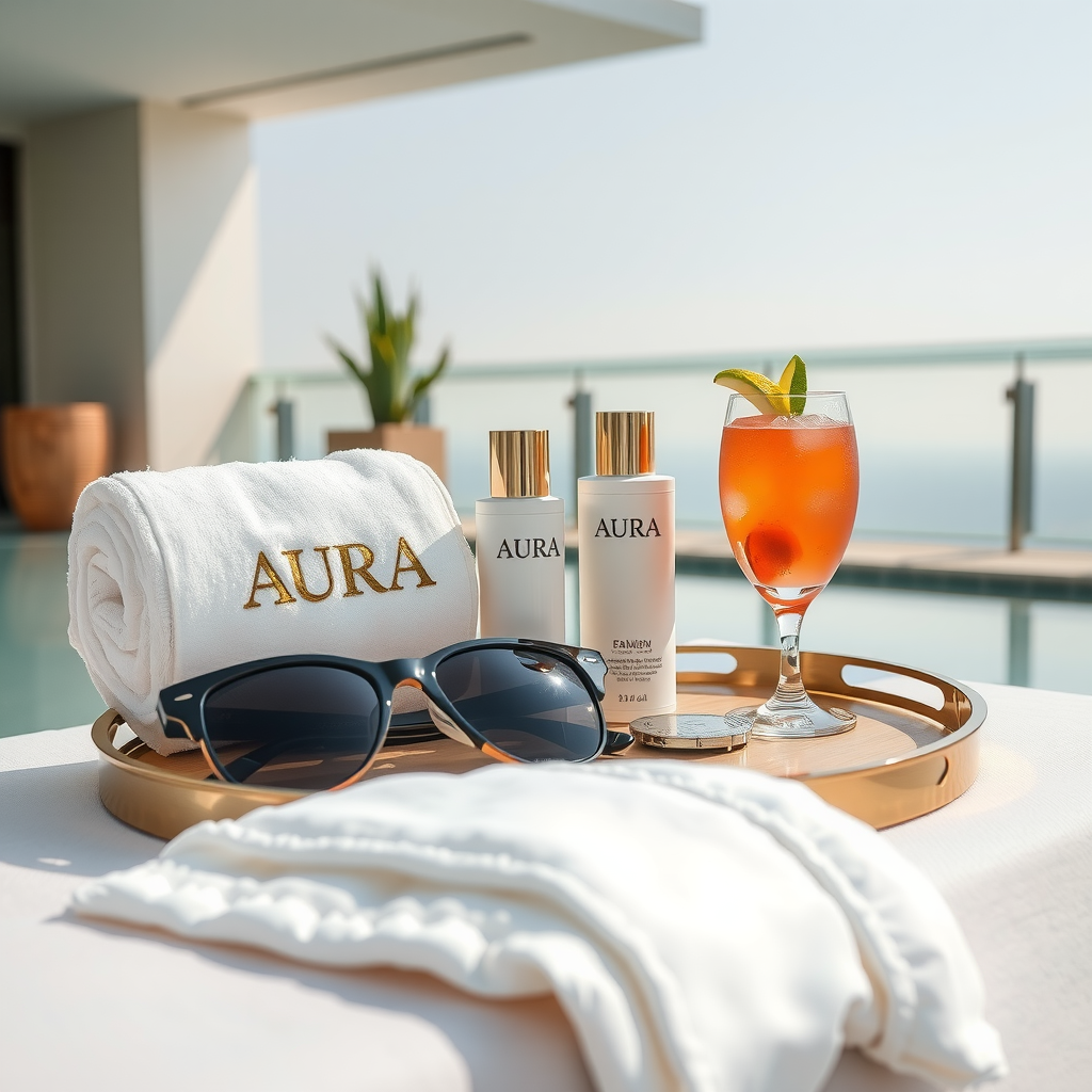 Close-up of premium Sky Pool amenities including plush white towels with golden Aura logo, luxury skincare products, designer sunglasses, and refreshing beverages on elegant tray