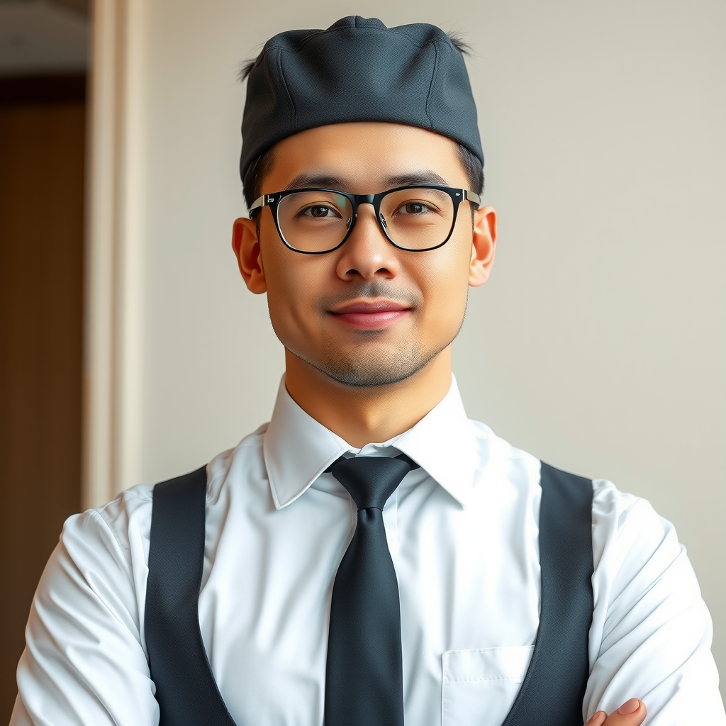 Professional portrait of head concierge in formal uniform, professional demeanor, luxury hotel service expert