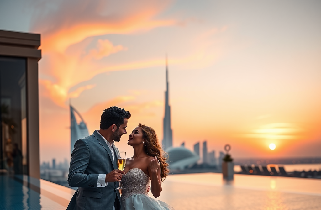 Romantic couple enjoying an intimate moment at the infinity pool edge during sunset, holding champagne glasses, with the stunning Dubai skyline silhouetted against a colorful sunset sky, creating a perfect celebration atmosphere