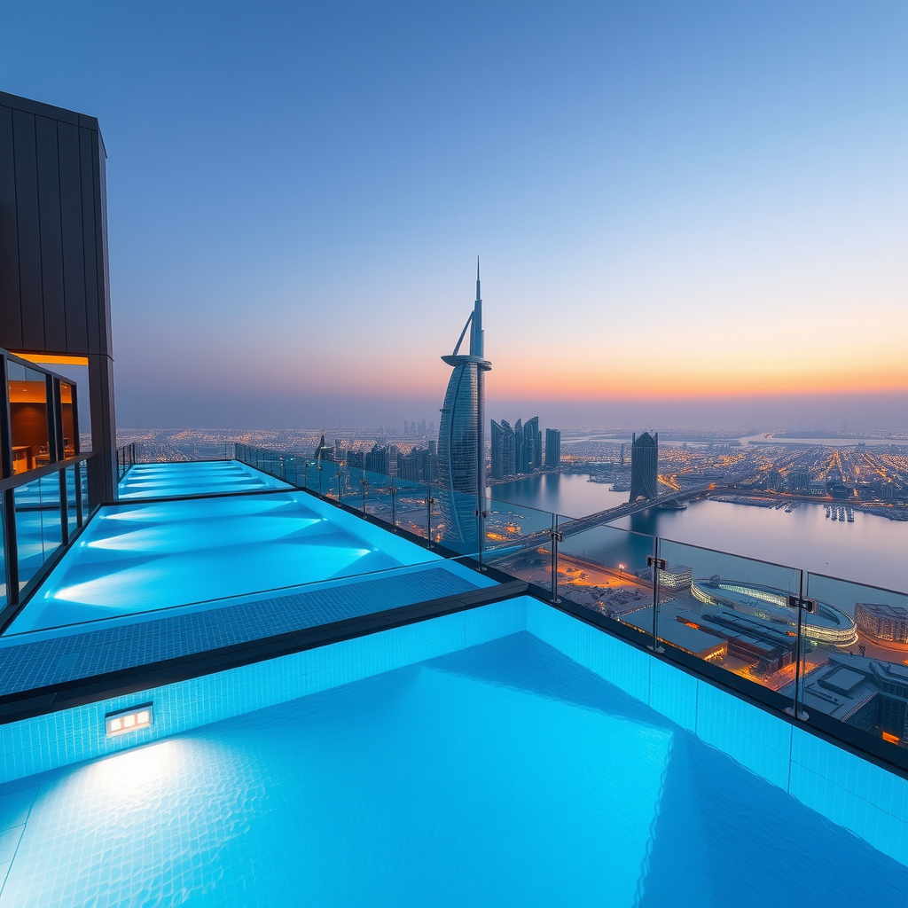 Breathtaking panoramic view of Sky Pool by Aura at dusk, with the infinity pool glowing in beautiful blue light, Dubai city transitioning from day to night with lights beginning to twinkle, creating a magical and enchanting atmosphere that captures the essence of luxury and beauty